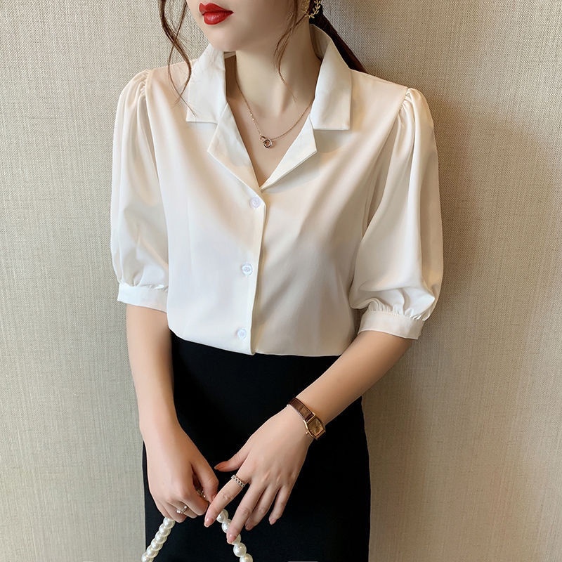 Áo sơ mi chiffon IELGY mỏng tay ngắn cổ chữ V hợp thời trang cho nữ