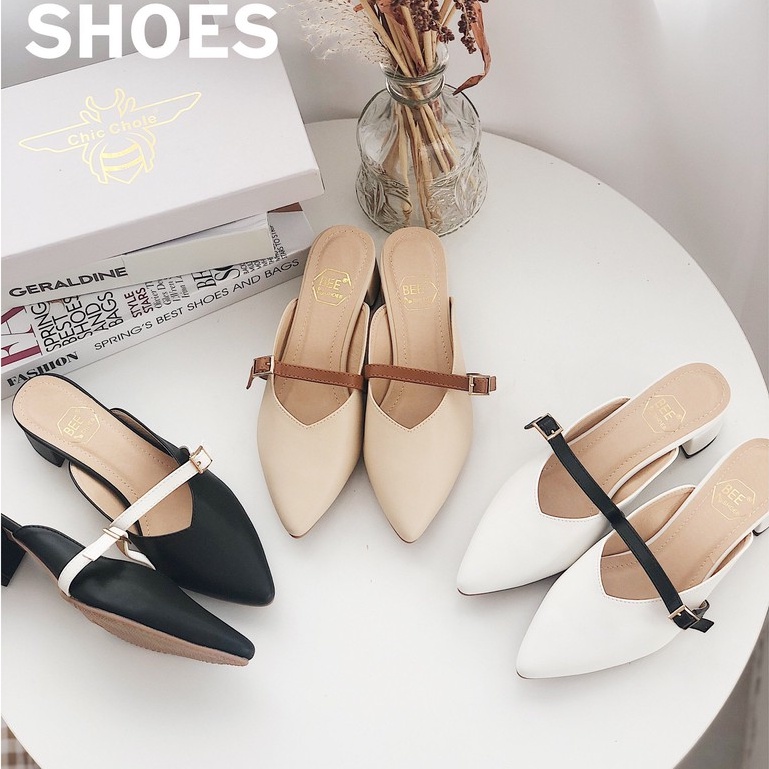 BEESHOES - SỤC MŨI NHỌN CAO 5 PHÂN DA MỀM DỄ ĐI - SỤC MŨI NHỌN QUAI NGANG CAO 5 PHÂN SẴN MÀU ĐEN KEM TRẮNG 201048