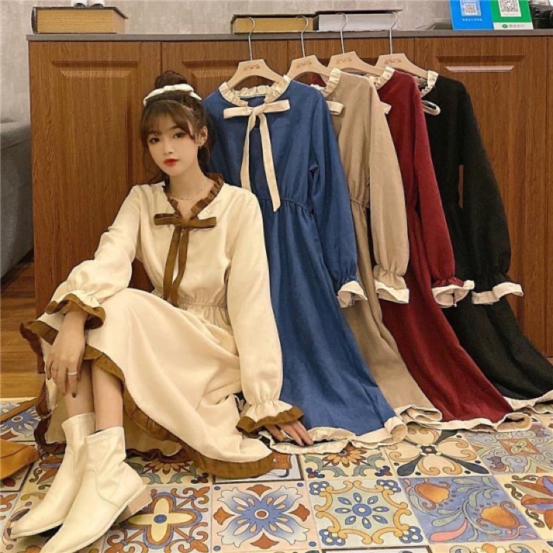 Đầm tiểu thư nữ dài tay dáng rộng vintage thời trang mùa thu nhẹ nhàng