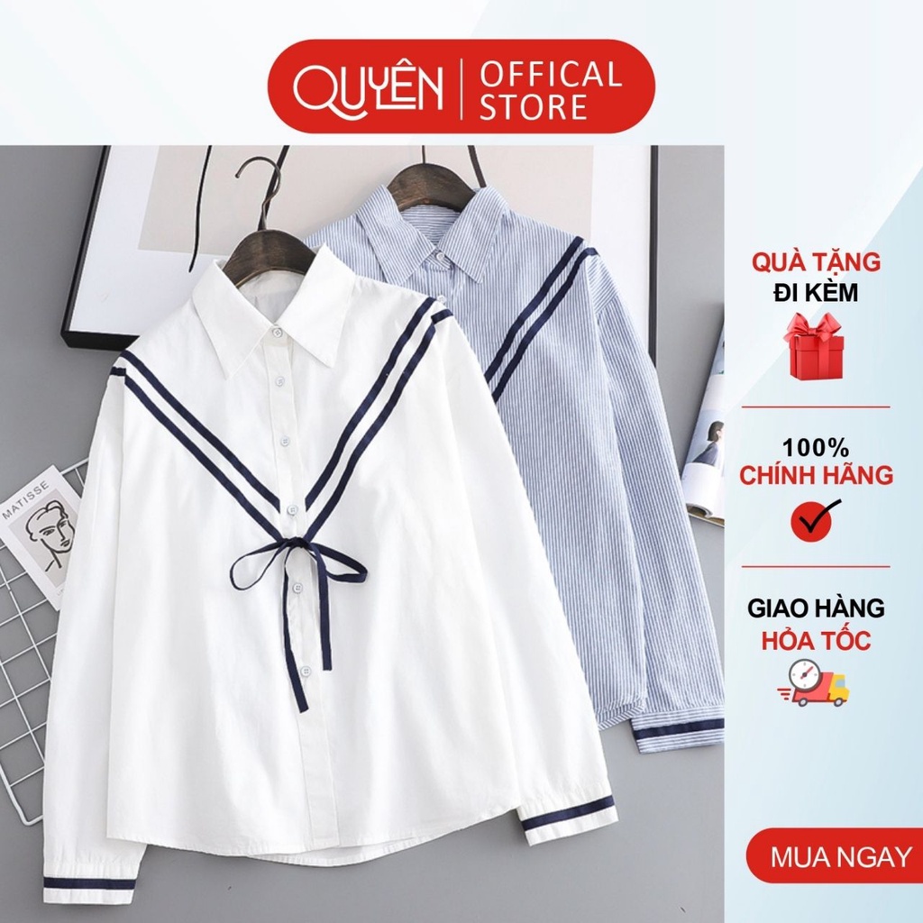 Áo sơ mi công sở kiểu dáng hàn quốc thắt nơ trẻ trung Quyên Fashion AA549 màu trắng, kẻ