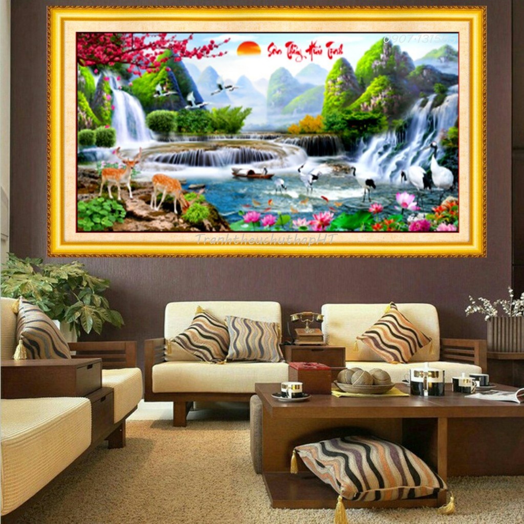 Tranh thêu chữ thập phong cảnh lưu thủy sinh tài KT:132x58cm, Tranh chưa thêu và chưa khung.