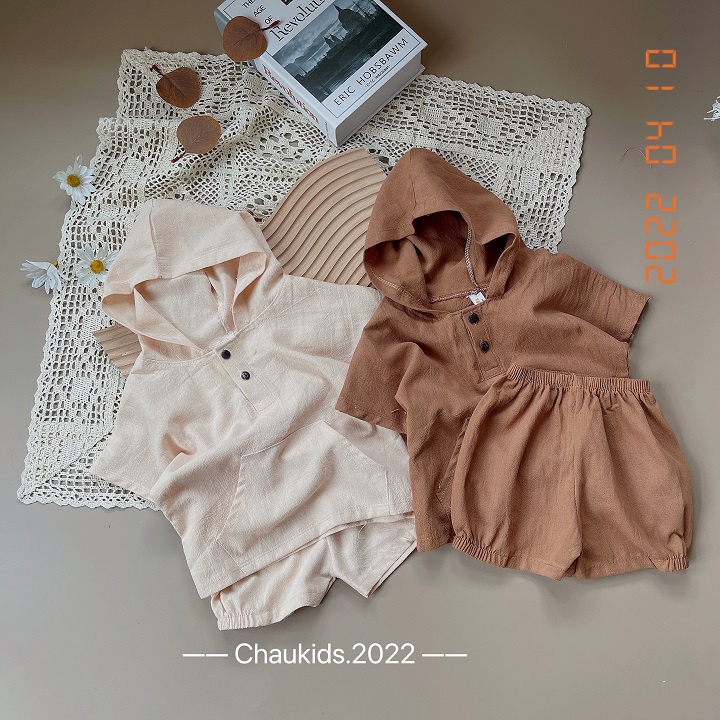 Bộ  Hè Mũ Bé Trai , bé gái Cá Tính Phong Cách  chất đũi xước siêu mátSize 8-20kg