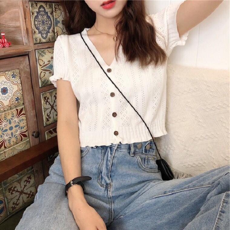 áo Croptop cardigan tay ngắn cổ chữ V chất liệu len dệt kim | BigBuy360 - bigbuy360.vn