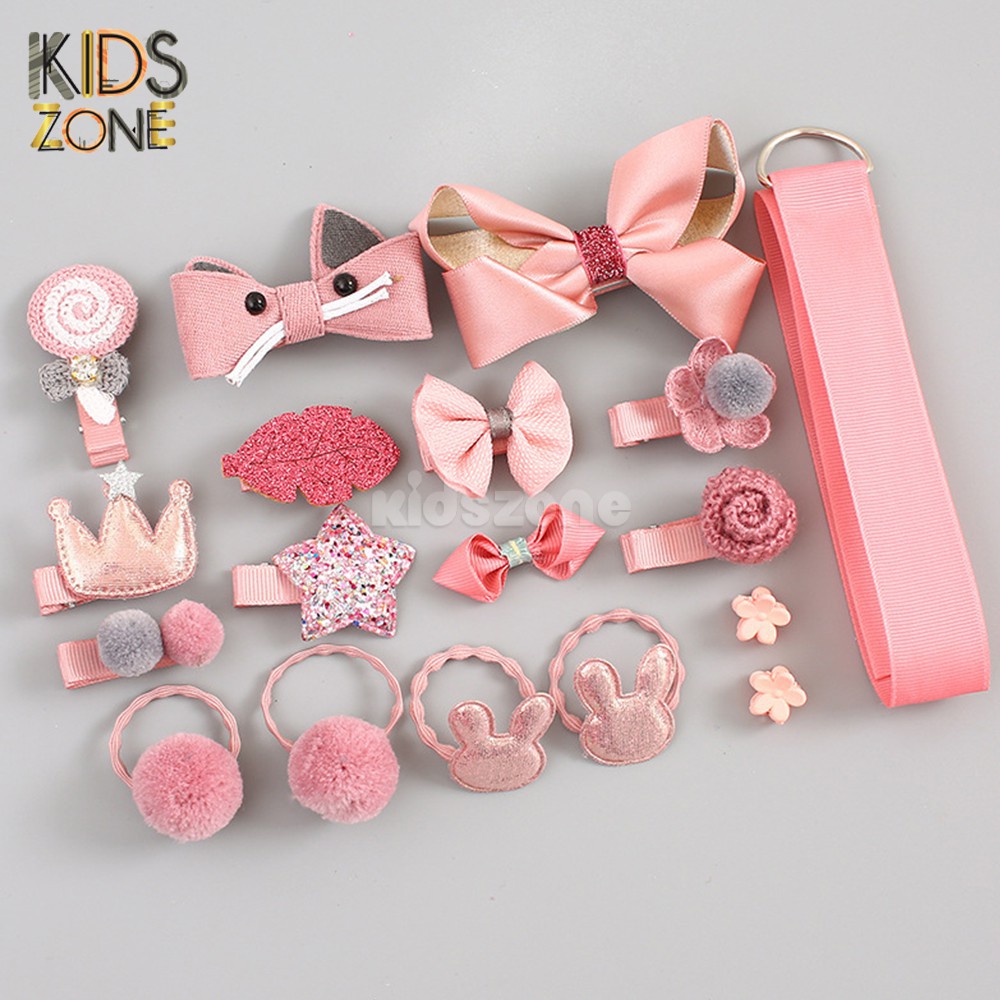 Hộp phụ kiện 18 món bé gái gồm kẹp tóc, gắp tóc đủ loại, nơ, vương miện...( Màu hồng )