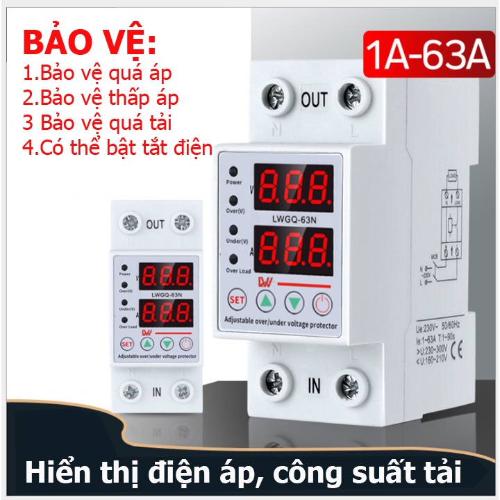 Bảo vệ mất dây trung tính, quá áp, thấp áp, quá dòng 63A LW