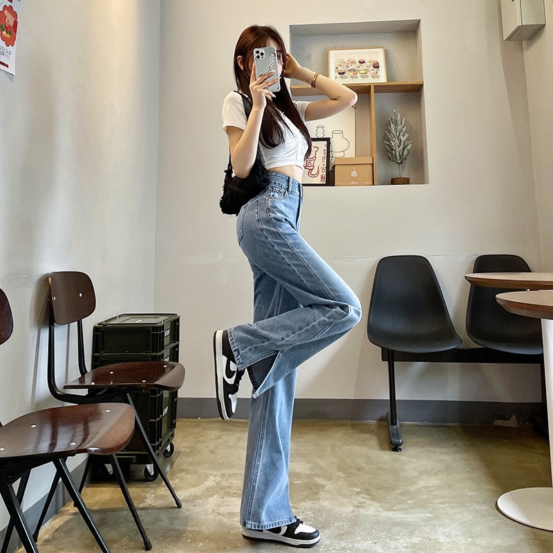 Quần Jean Lưng Cao Ống Rộng Sẻ Gấu - D4