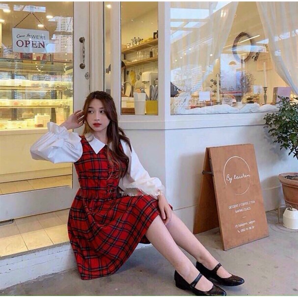 Đầm caro đỏ cổ sen, Váy đỏ xòe babydoll tay dài trắng phối nút, đầm công sở tiểu thư đơn giản phong cách hàn quốc
