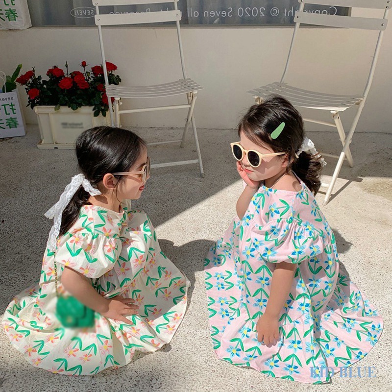 Đầm Công Chúa Tay Phồng Cổ Tròn In Họa Tiết Hoa Lá Dễ Thương Thời Trang Mùa Hè Phong Cách Hàn Quốc Cho Bé Gái