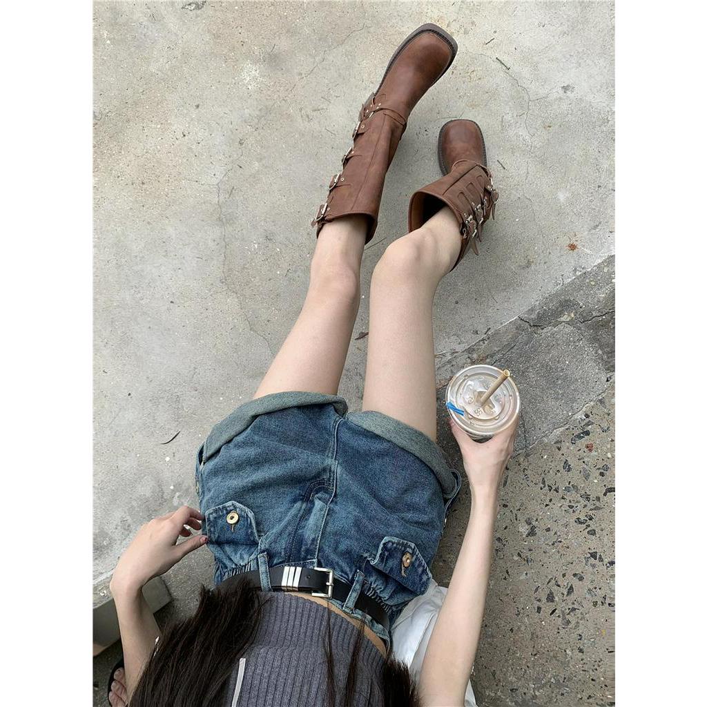 Quần Short Denim Lưng Cao Ống Rộng Dáng Chữ A Phối Thắt Lưng Thời Trang Cá Tính