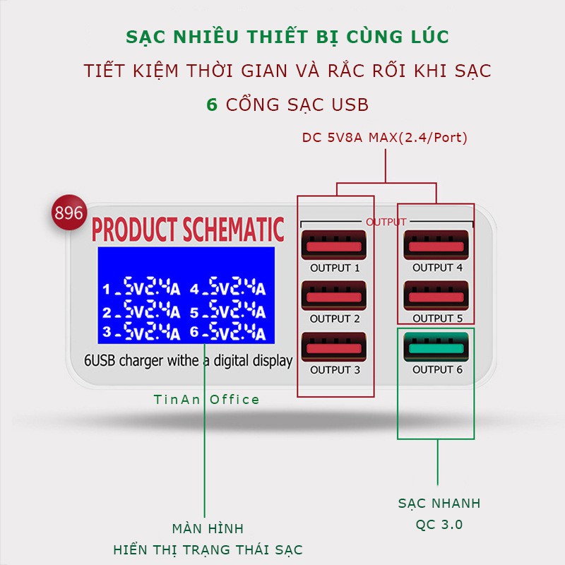 Bộ Sạc Nhanh 6 Cổng USB QC3.0 40W Màn Hình Kỹ Thuật Số Cho iP, OPPO, Samsung, iPad Air Pro