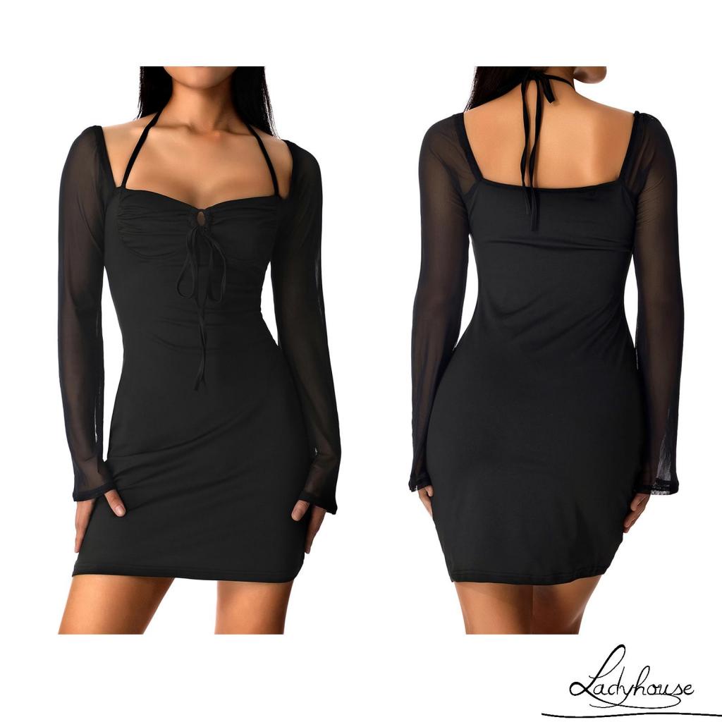 Đầm Tay Dài Phối Lưới Xuyên Thấu Màu Trơn Có Dây Điều Chỉnh Thời Trang Mùa Hè Cho Nữ