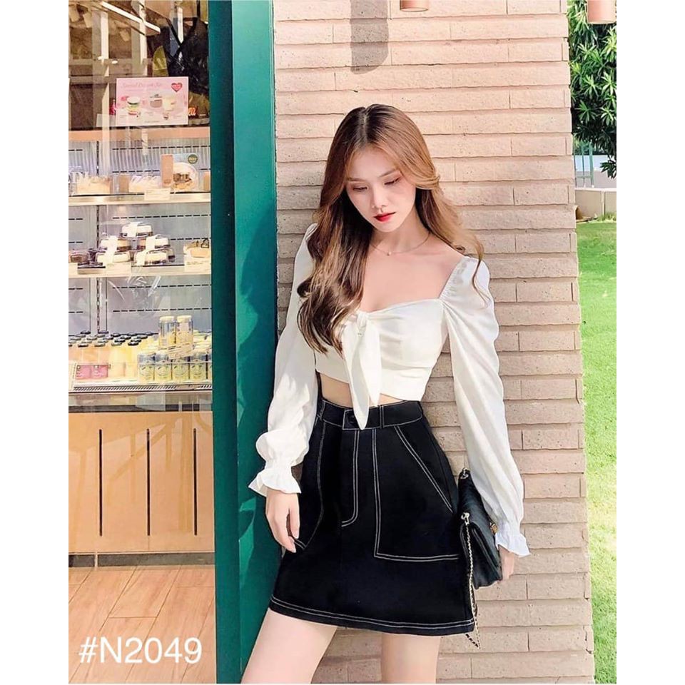 SET ÁO CROPTOP TAY DÀI NƠ NGỰC KÈM CHÂN VÁY DẦY DẶN MAY VIỀN NỔI - LIEN SET