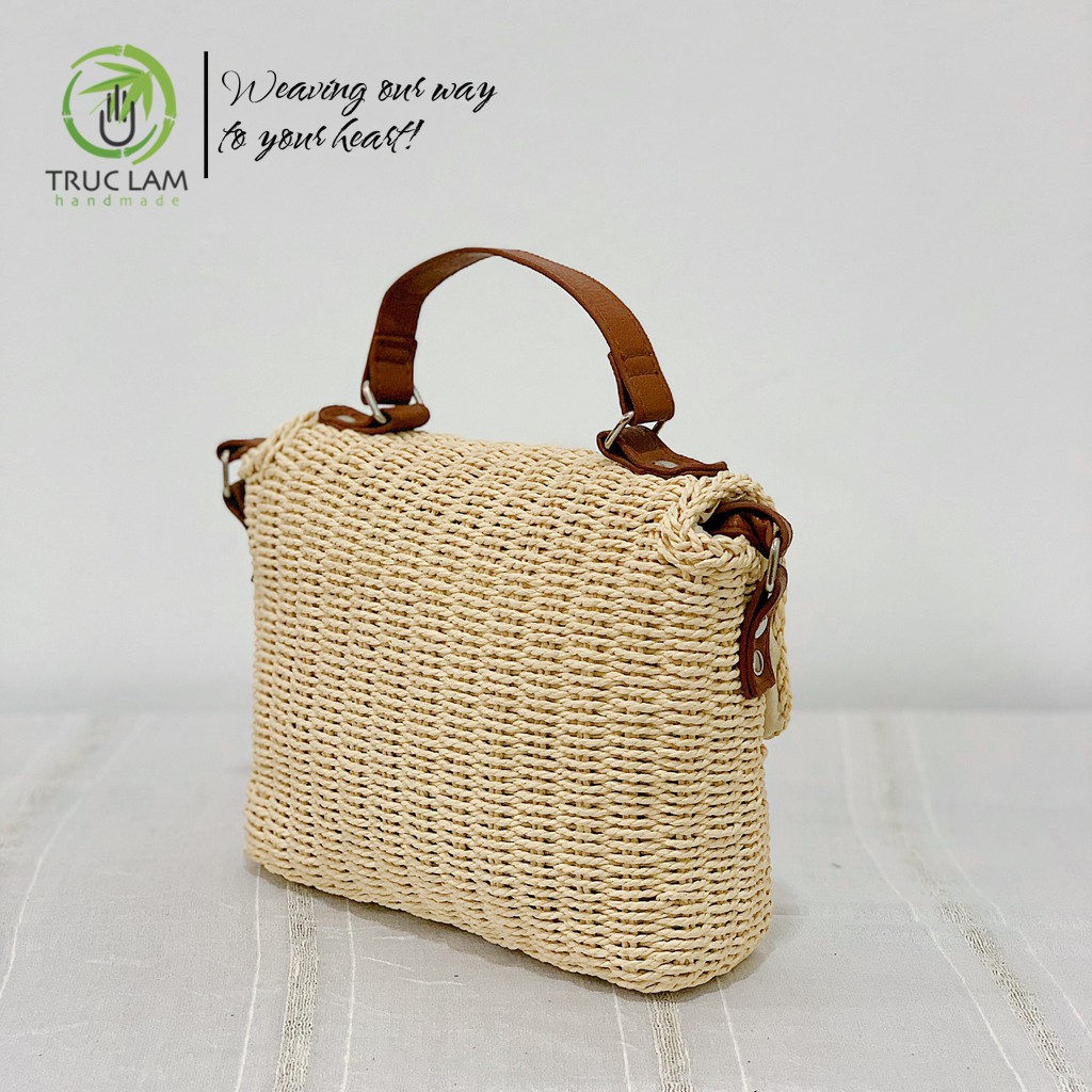 Túi Cói Đeo Chéo Thời Trang Nữ Màu Trơn Quai Da – Trúc Lâm Handmade