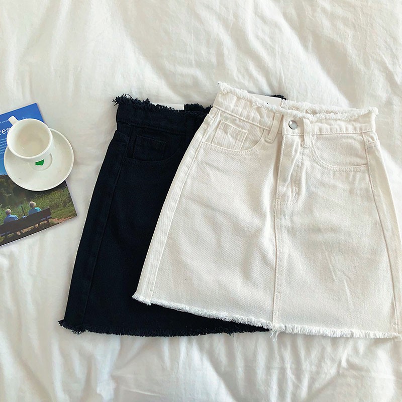 Chân Váy Jean Cạp Cao Tua Rua Xuân Hè 2019 - Hai màu Đen_Trắng