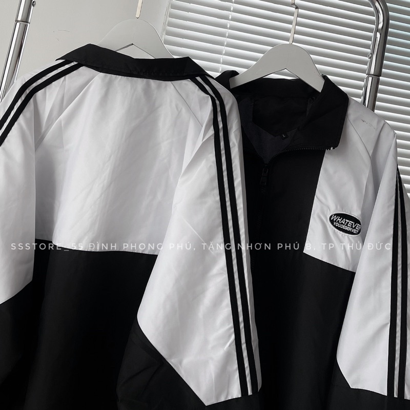 Áo dù 2 lớp thêu logo WHATEVER viền sọc đen trắng form rộng unisex nam nữ