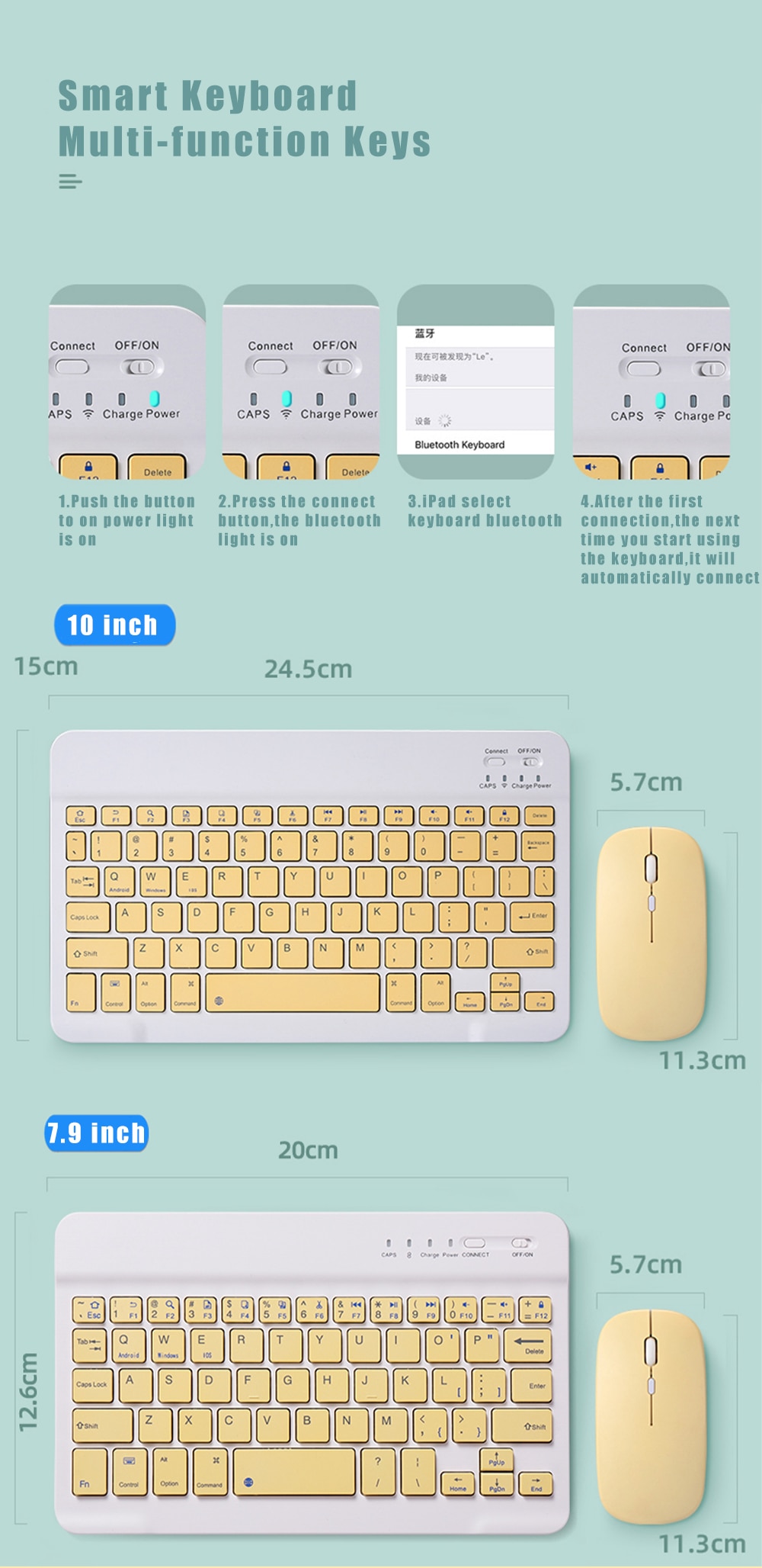 Xumu 25.4 cm Wireless Bluetooth Keyboard Keypad Mouse For iPad Pro 11 12.9 9.7 10.5 7th 8th Gen 10.2 Air 4 4th gen 27.68 cm 2020 2021 Lightweight Portable Mini For iPad Tablet Laptops Android Smart Phone