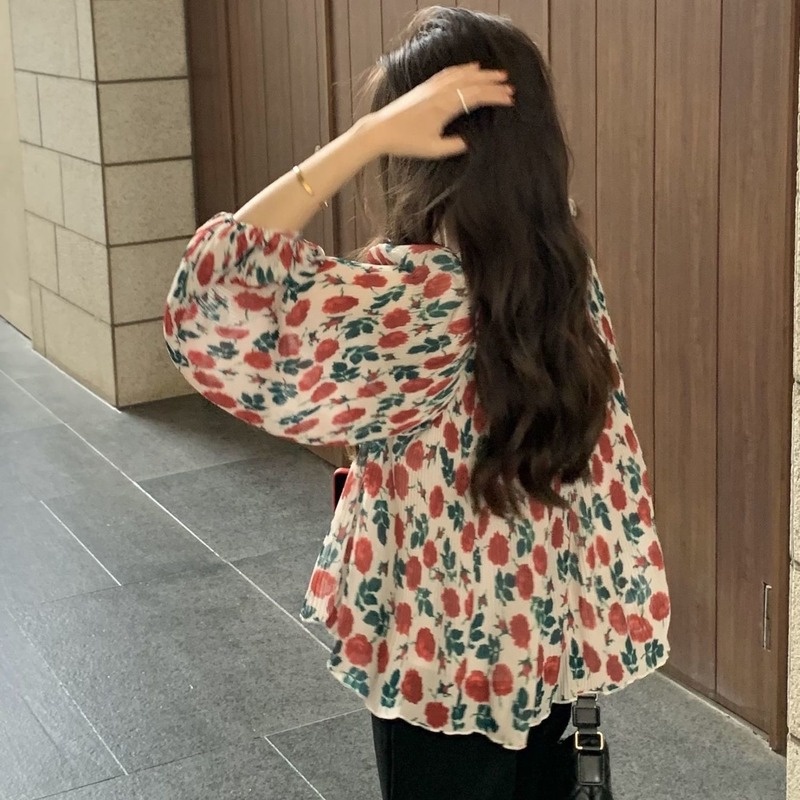 Áo Sơ Mi Hoa Tay Dài Phồng Xếp Ly Phong Cách Pháp Dành Cho Nữ