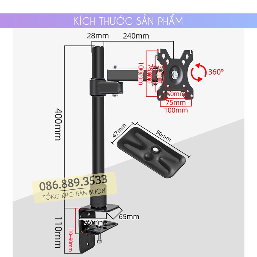 Giá treo màn hình ErgoTek XL03 / HW701 17 - 32 inch - Tay Đỡ Màn Hình Kẹp thành bàn - Arm Monitor