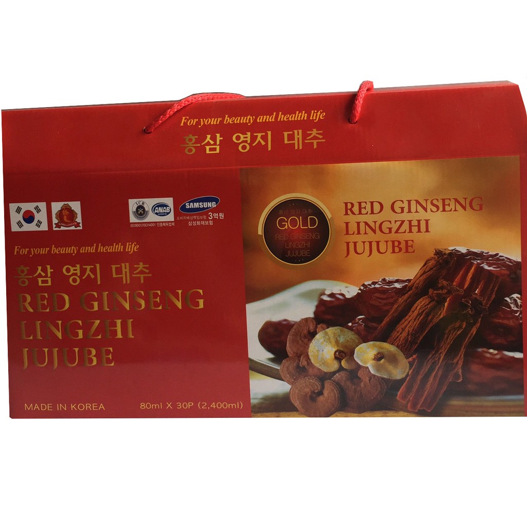 Nước hồng sâm Linh chi Táo đỏ-RED GINSENG LINGZHI JUJUBE GOLD 30 gói x 80ml, nước hồng sâm Hàn Quốc, PP Sâm Yến 3A