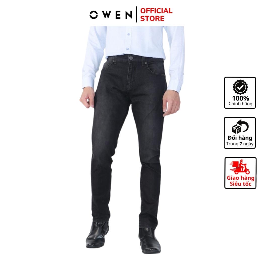 Quần jean nam hàng hiệu Owen QJSL23956 dáng slim fit ống côn màu đen trơn vải bò denim cotton cao cấp bền đàn hồi tốt