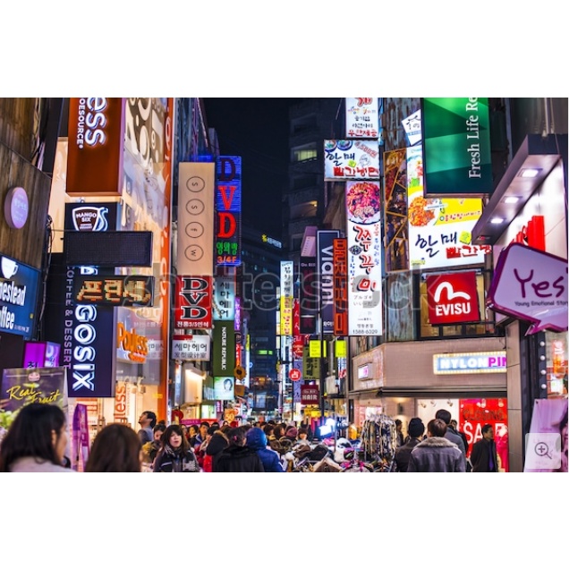 Tranh lụa 3D trang trí quán ăn, quán nướng hẻm Phố Hàn Quốc - Korea về đêm rực rỡ ánh đèn