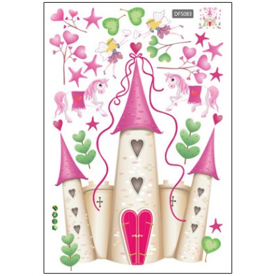 Decal dán tường lâu đài màu hồng và tim nhỏ