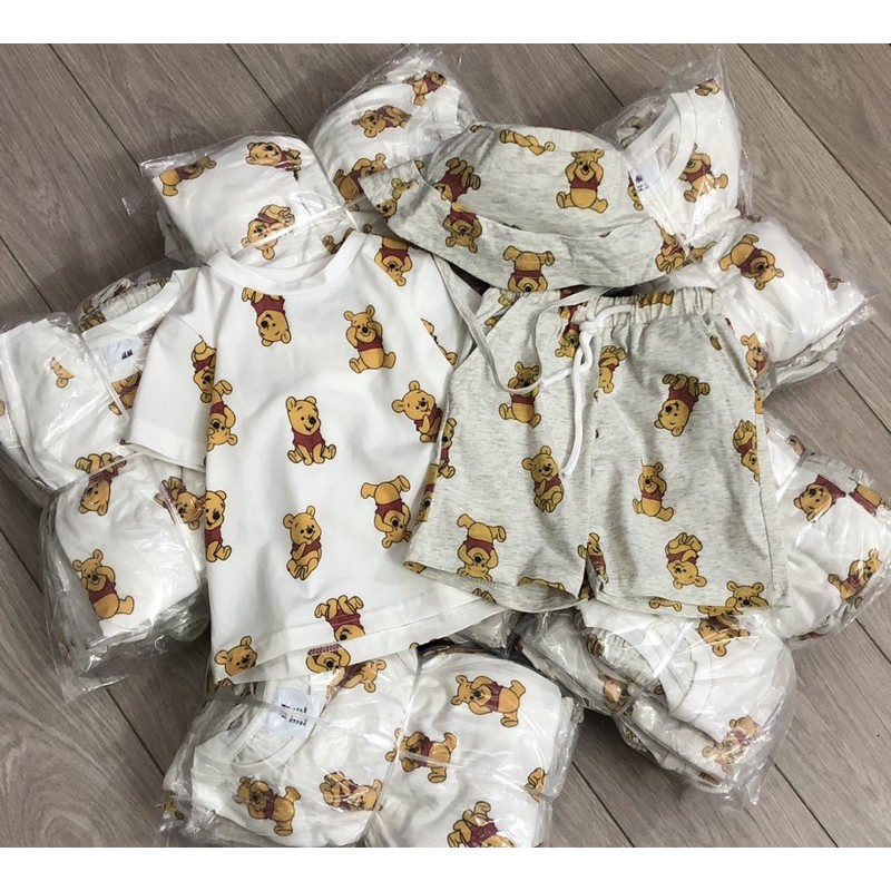 Bộ cộc gấu Pooh kèm mũ vành HM 1-6Y (có ảnh thật)