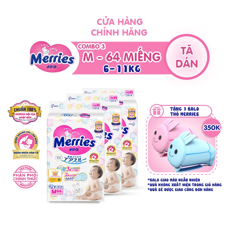 Mua 3 Tã/bỉm dán Merries Đủ Size NB90/S82/M64/L54/XL44 - Tặng 1 balo Thỏ