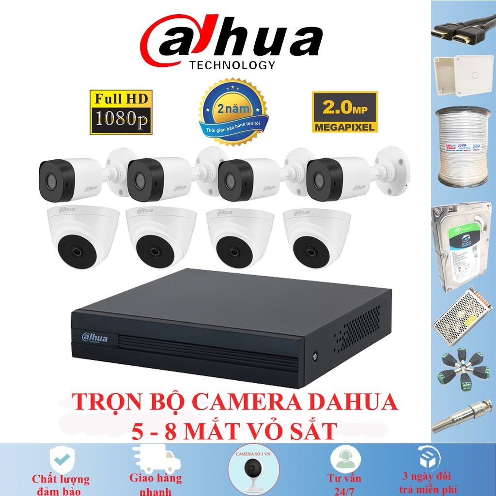 Trọn Bộ Camera Dahua 2.0MP Vỏ sắt Full HD 1080P, 5-8 mắt camera full phụ kiện lắp đặt