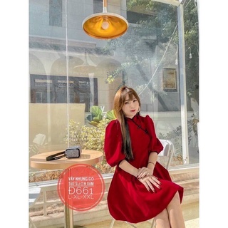 Váy nhung đỏ diện tết ( ảnh thật phía sau)