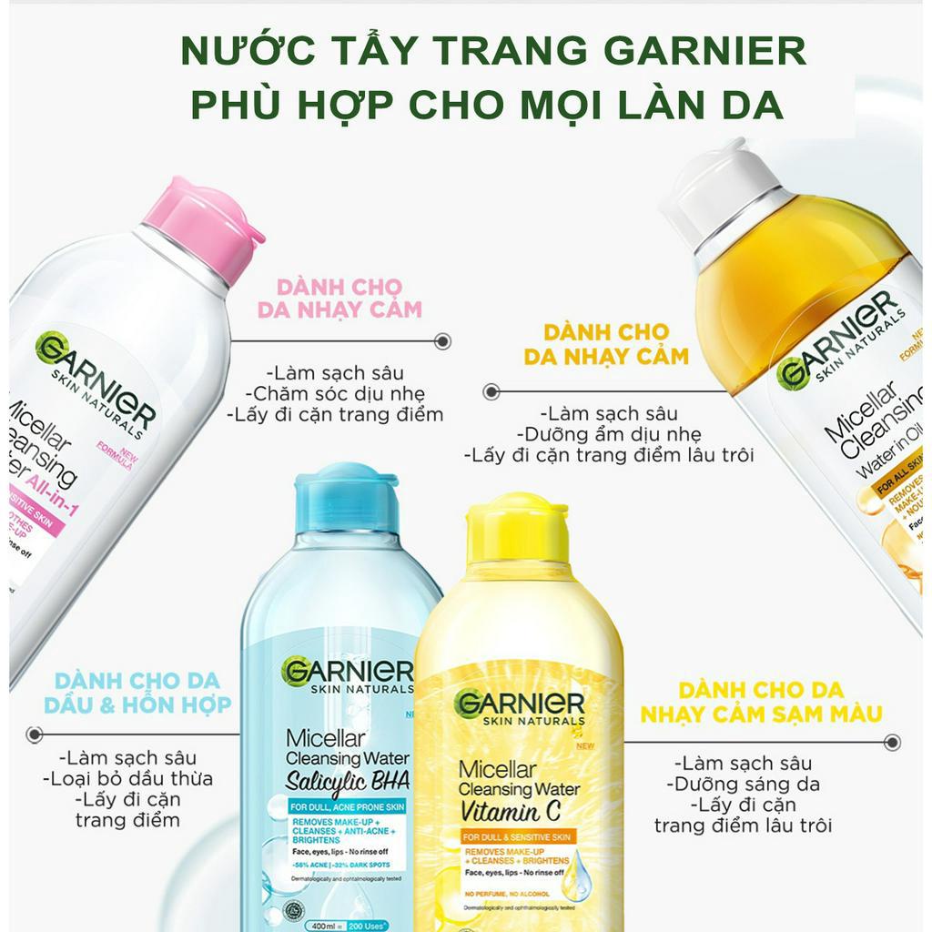 Nước Làm Sạch Và Tẩy Trang Cho Mọi Loại Da Garnier Micellar Cleansing Water 125ml / 400ml