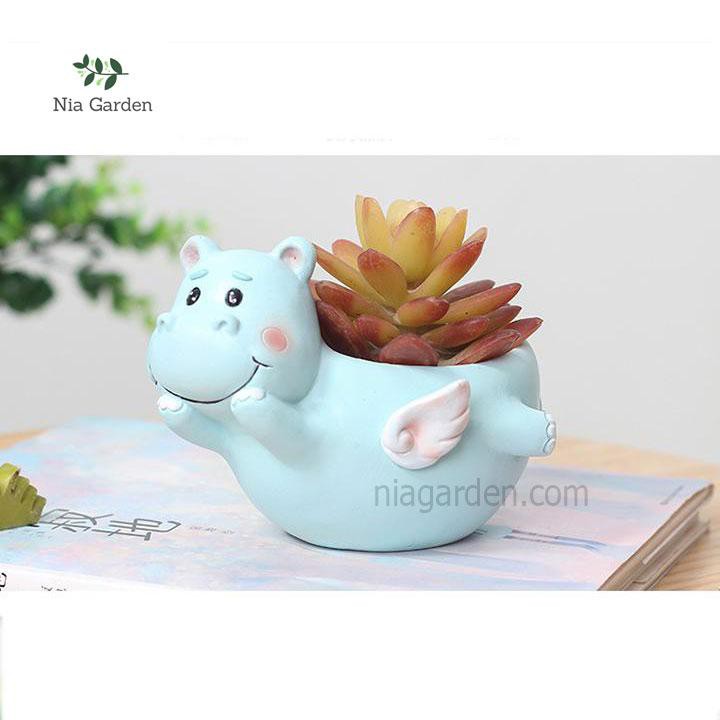 Chậu hình thú hà mã thiên thần trồng cây cảnh sen đá xương rồng mini Nia Garden N4