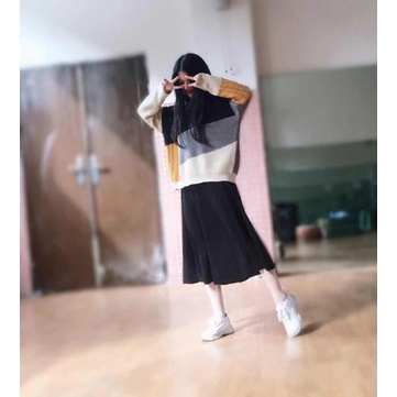 Áo len phối màu + chân váy len đuôi cá dáng dài Hàn Quốc phong cách vintage