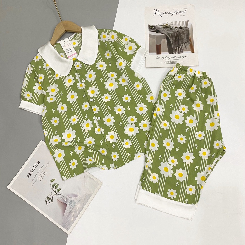 Bộ đồ ngủ nữ quần lửng lụa mango cổ sen, hàng thiết kế có size 40-65kg -  Pyjamas House