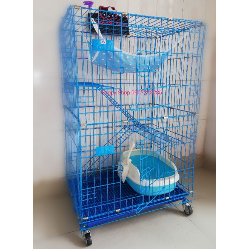 Chuồng/Lồng Sắt Sơn Tĩnh Điện Xếp 3 Tầng Màu Xanh Nước Biển Cao 1 Met Có Bánh Xe, Tặng Võng, Cho Mèo, Chim, Vẹt, Sóc