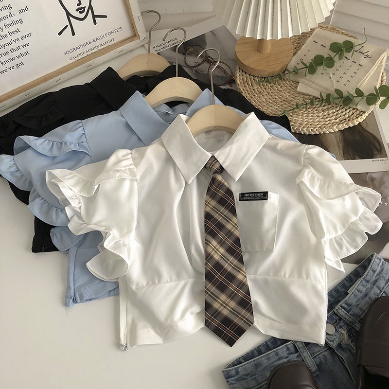 Áo Kiểu Tay Ngắn Phối Bèo Và Cà Vạt Thời Trang Mùa Hè Xinh Xắn Cho Nữ