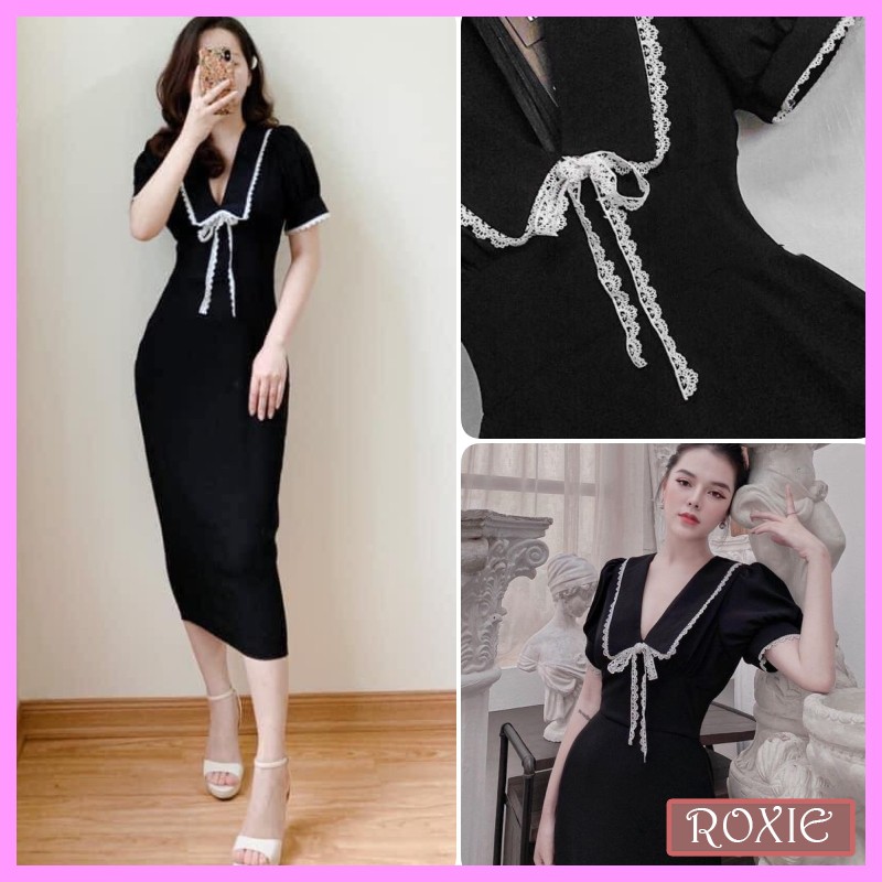 Váy body tay phồng cổ tim dáng bút chì dự tiệc sexy Hàn Quốc, Đầm body tay ngắn bó eo phong cách ulzzang - Roxie