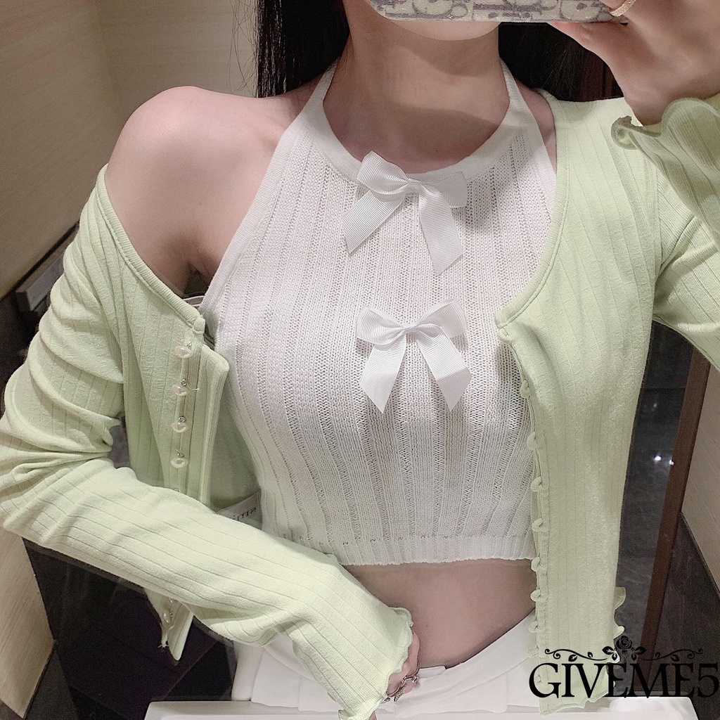 Áo dệt kim cổ yếm hở lưng thắt nơ thời trang mùa hè cho nữ