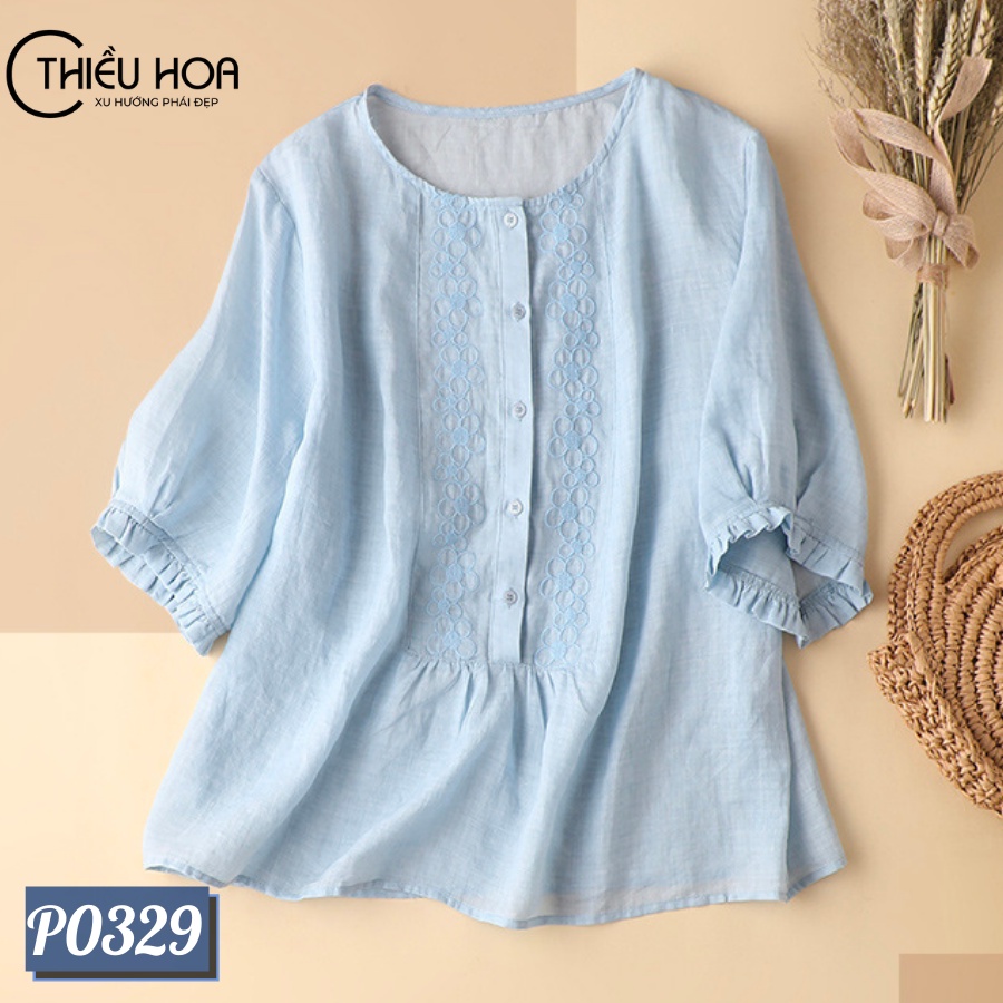 Áo thêu trung niên Thiều Hoa chất liệu Linen cao cấp thoáng mát mềm mịn P0329