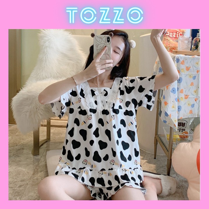 Đồ bộ nữ cộc tay quần đùi họa tiết bò sữa cute dễ thương form bigsize mặc nhà mùa hè phong cách hàn quốc BCNO01
