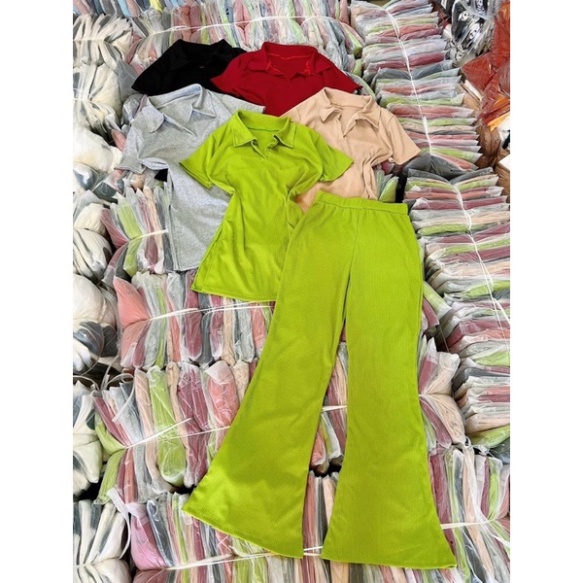 Set gân polo quần ống loe áo xẻ hông VẢI THUN GÂN