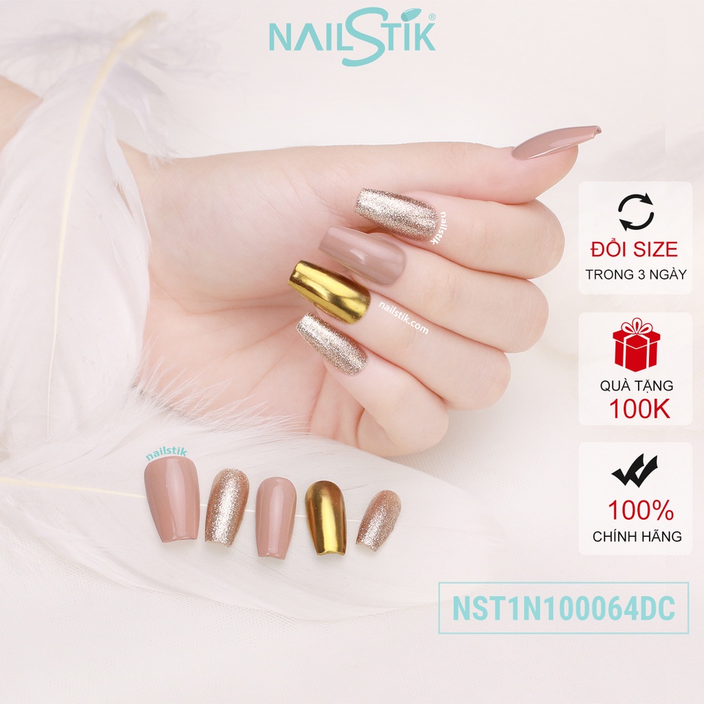 Bộ móng dán Nailstik màu nude, nhũ vàng, form móng coffin, dài, 064
