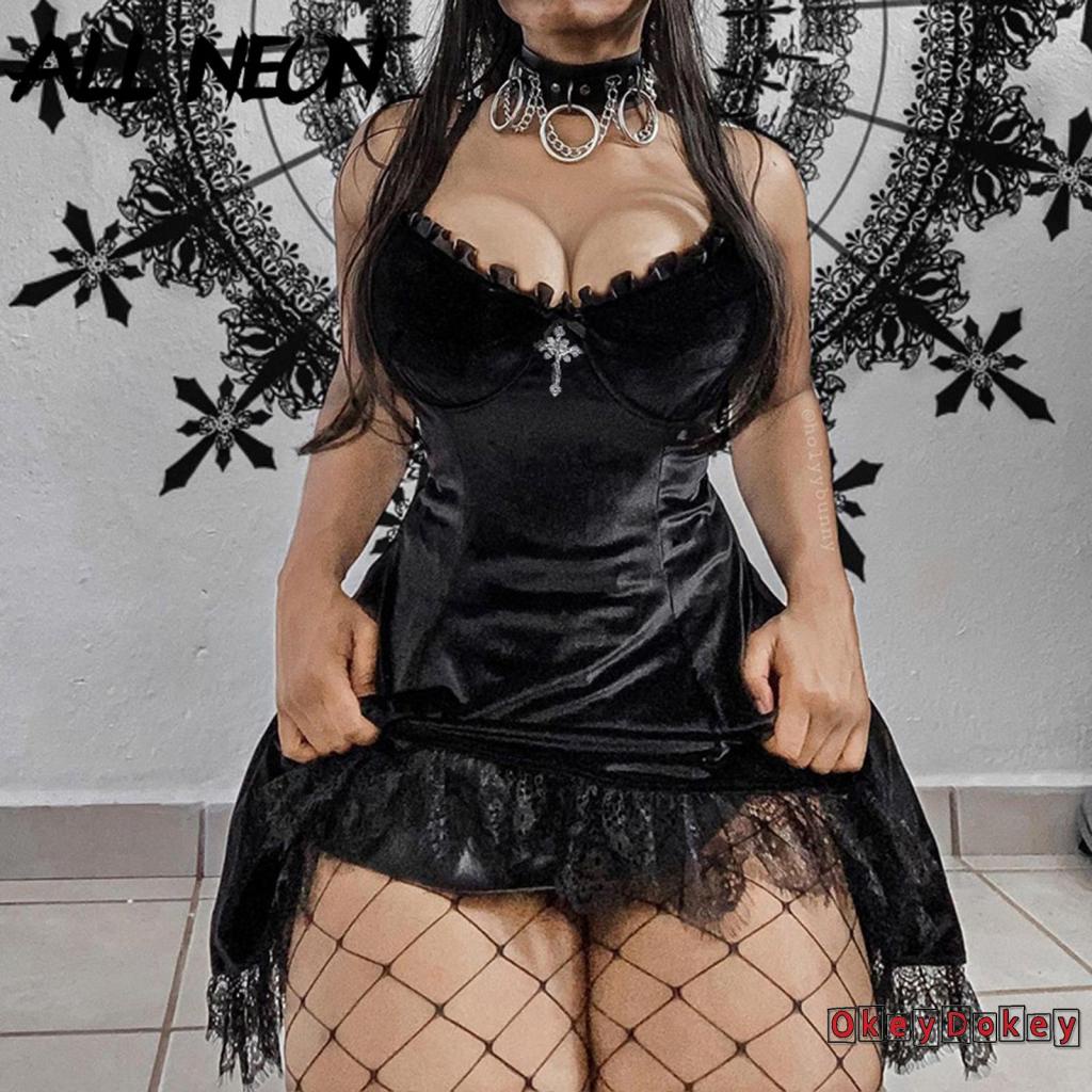 Đầm nhung hai dây cổ chữ V viền ren thắt nơ thời trang cho nữ