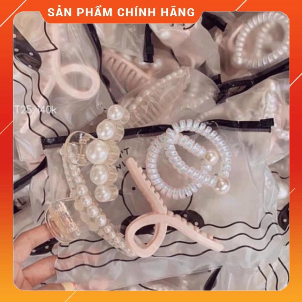 Sét Kẹp Tóc Ngoạm Giả Ngọc Trai Kèm Dây Buộc 5 Chi Tiết Siêu Sang
