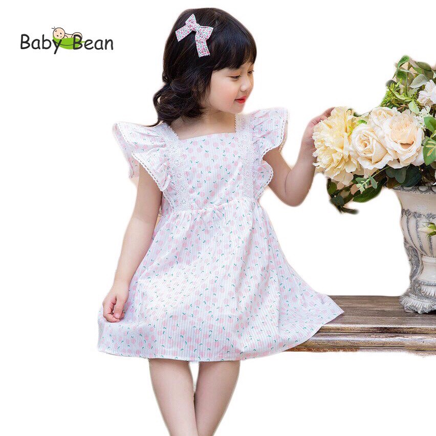 [MÃ THƯƠNG HIỆU UY TÍN Voucher giảm 10%] Đầm Cổ Vuông Tay Cánh Tiên Bèo Phối Ren Bé Gái BabyBean