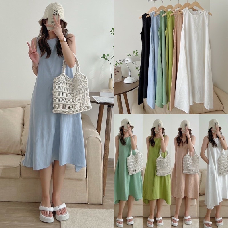 Váy sát nách vai suông dáng xoè Đầm trơn vintage dáng dài