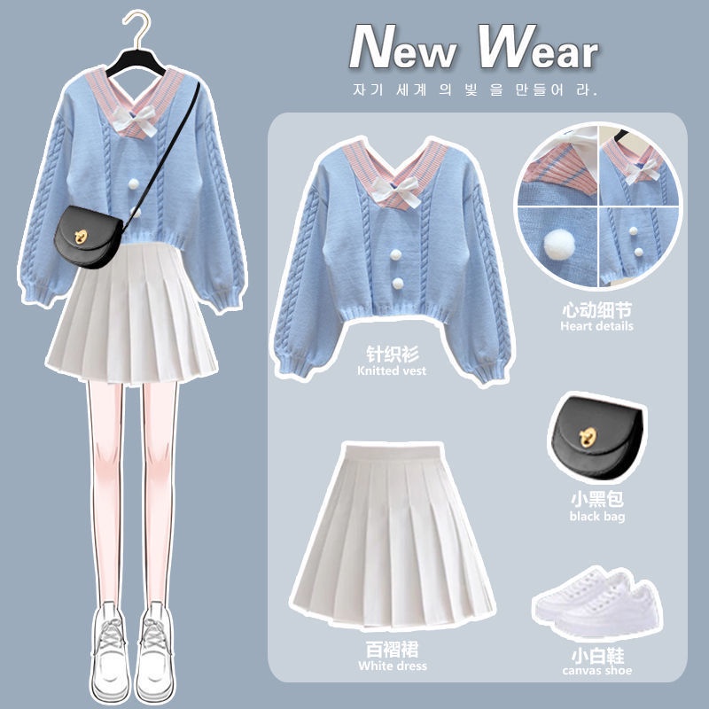 Bộ Áo Sweater Dệt Kim Dáng Ôm Phối Chân Váy Xếp Ly Thời Trang Thu Đông Cho Nữ Plus Size