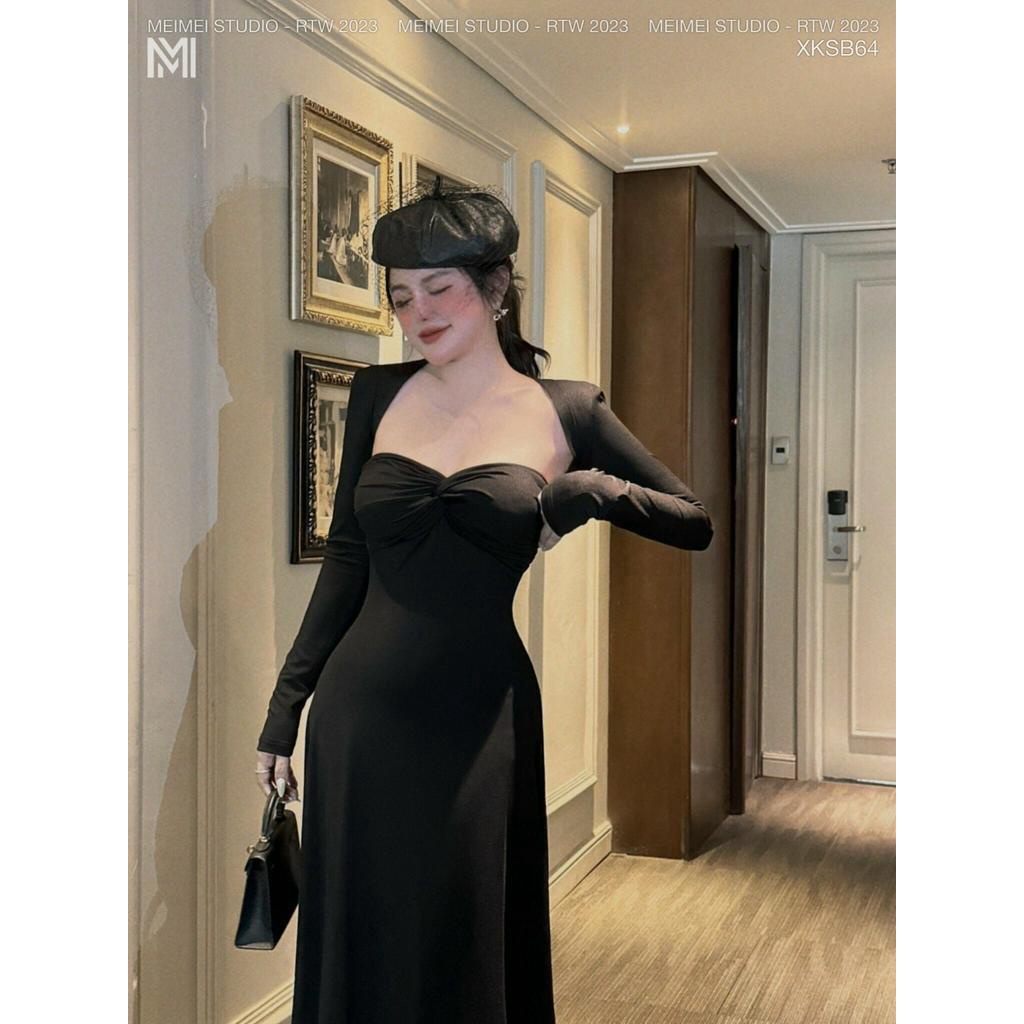 Set váy len quây xòe xoắn ngực áo khoác ngoài dài tay, dáng dài  vải len co giãn thoải mái mặc đi chơi, đi tiệc | XKSB64