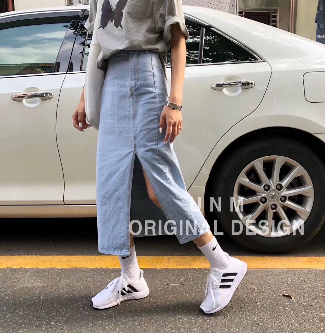 Chân Váy Denim Chữ A Dáng Dài Lưng Cao Xẻ Tà Xinh Xắn Phong Cách Hàn Quốc | BigBuy360 - bigbuy360.vn