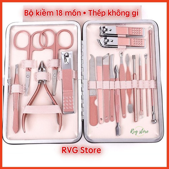 Bộ Kiềm 18 món làm Nail màu Hồng phấn Thép không gỉ - được đựng trong túi hộp da sang trọng - rất tiện dụng linh đ